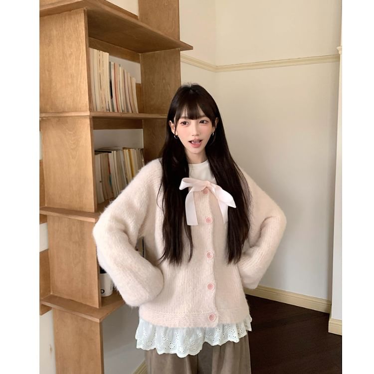 Crewneck Frill Trim Button-Up Plain Cardigan