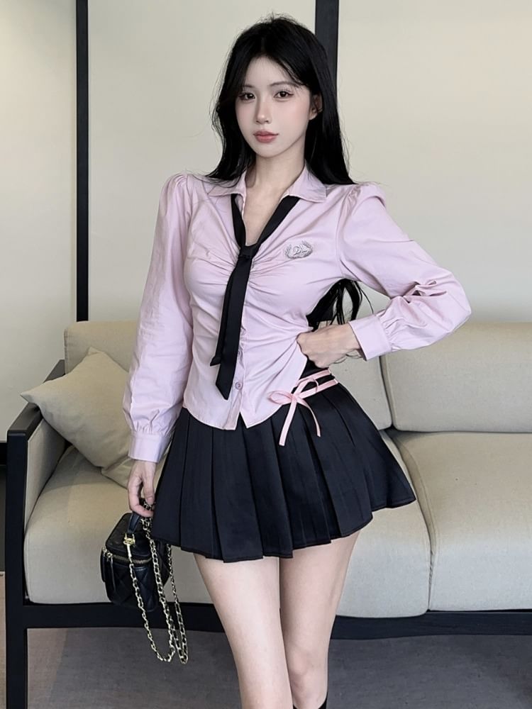 Long-Sleeve Collared Button Shirt and Mini Pleated Skirt with Neck Tie Set
