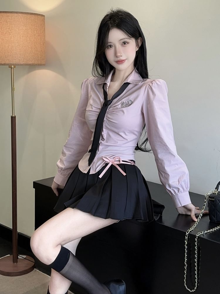 Long-Sleeve Collared Button Shirt and Mini Pleated Skirt with Neck Tie Set