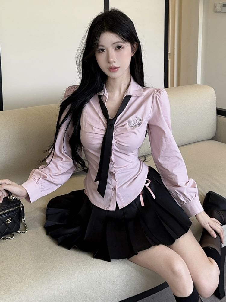 Long-Sleeve Collared Button Shirt and Mini Pleated Skirt with Neck Tie Set