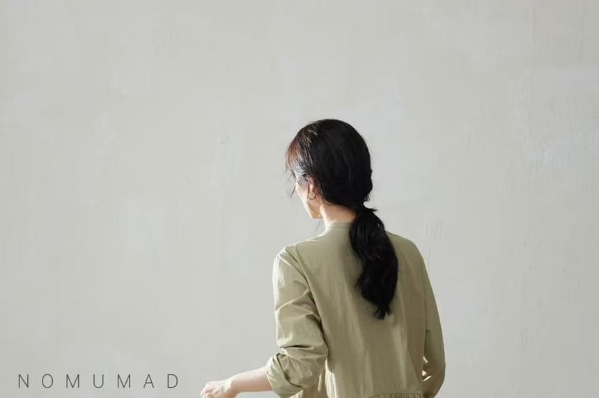 Long Sleeve Band Collar Plain Gathered Button Maxi A-Line Dress