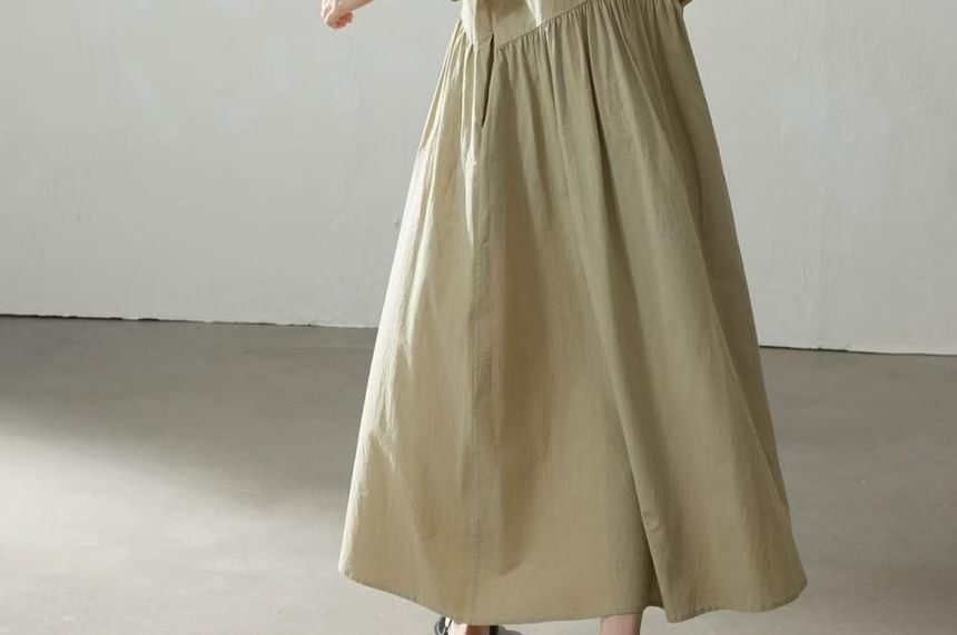 Long Sleeve Band Collar Plain Gathered Button Maxi A-Line Dress