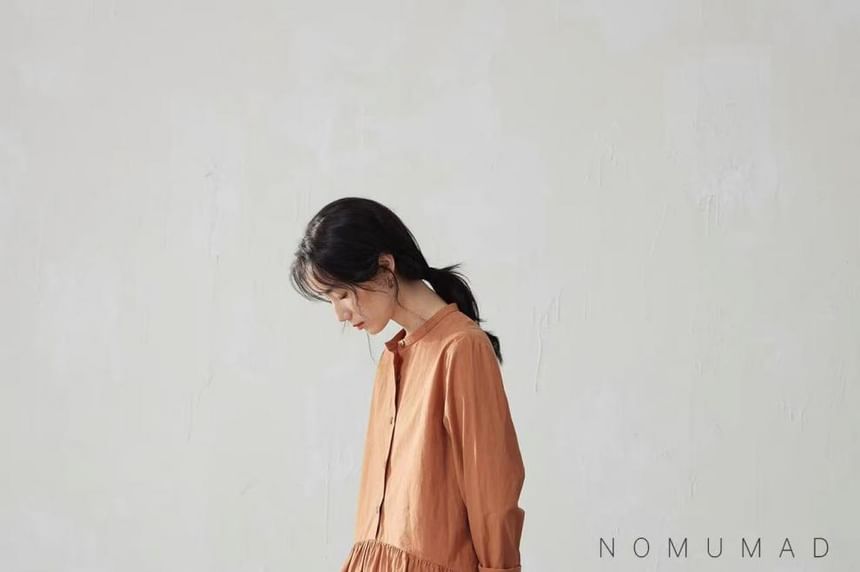 Long Sleeve Band Collar Plain Gathered Button Maxi A-Line Dress