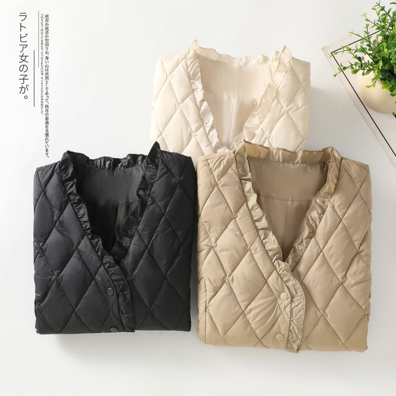 Plain V-Neck Ruffle Quilted Button Vest