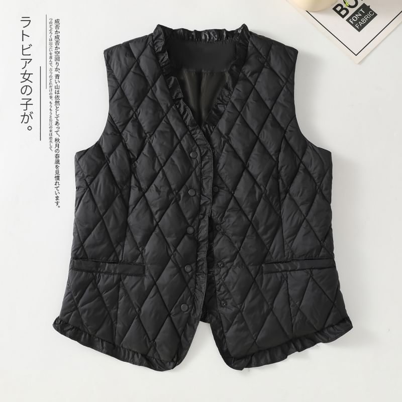 Plain V-Neck Ruffle Quilted Button Vest