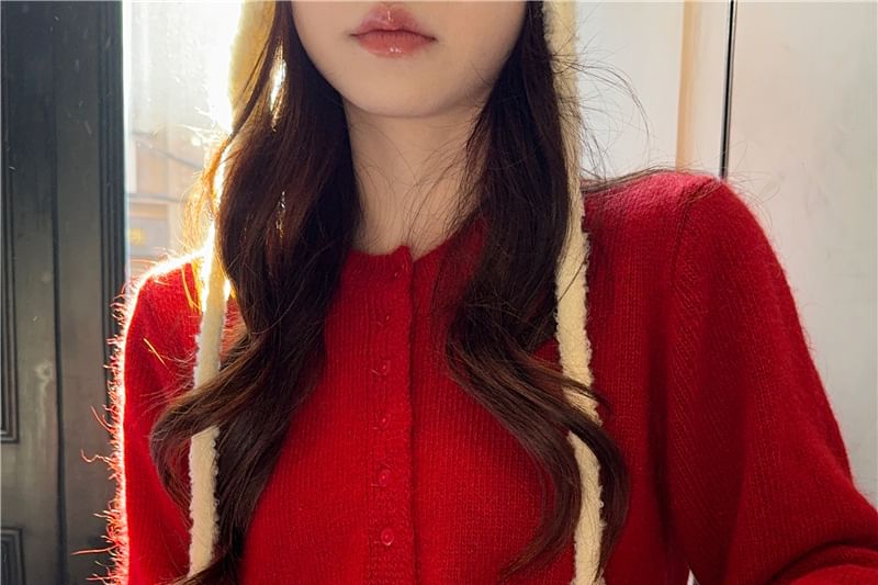 Round Neck Ruffle Panel Drawstring Cardigan