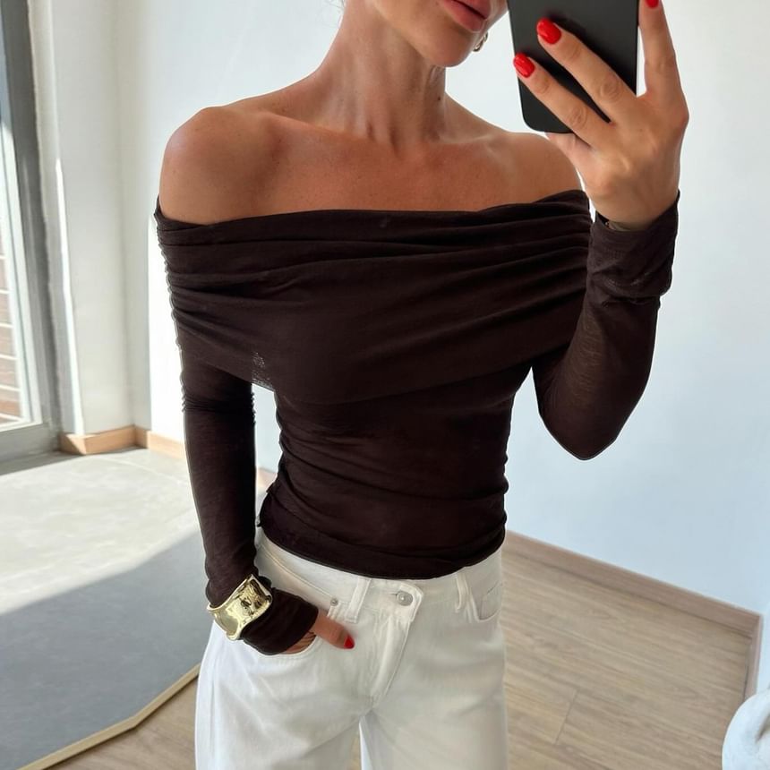 Off-Shoulder Plain Slim-Fit Top with Long Sleeves