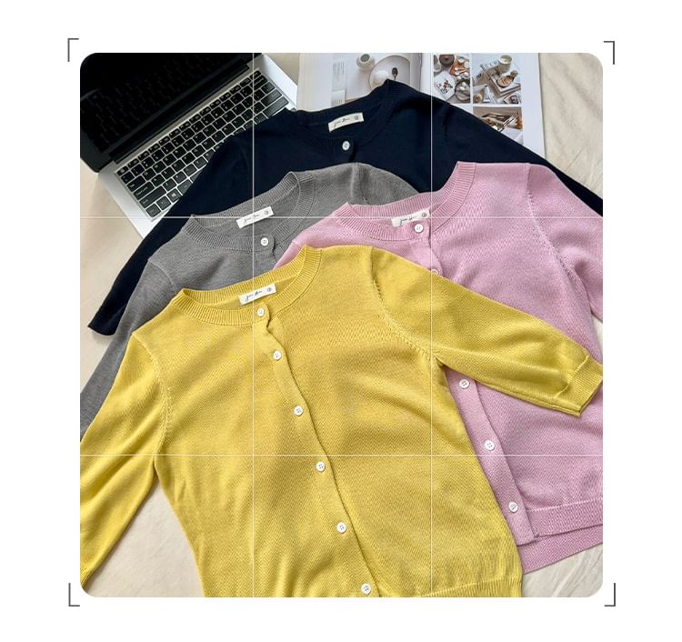 Elbow-Sleeve Crew Neck Button-Up Plain Crop Cardigan