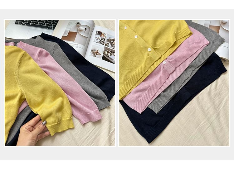 Elbow-Sleeve Crew Neck Button-Up Plain Crop Cardigan