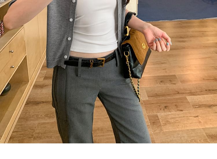 Elbow-Sleeve Crew Neck Button-Up Plain Crop Cardigan