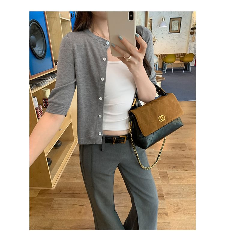 Elbow-Sleeve Crew Neck Button-Up Plain Crop Cardigan