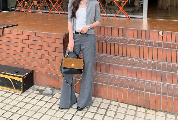 Elbow-Sleeve Crew Neck Button-Up Plain Crop Cardigan