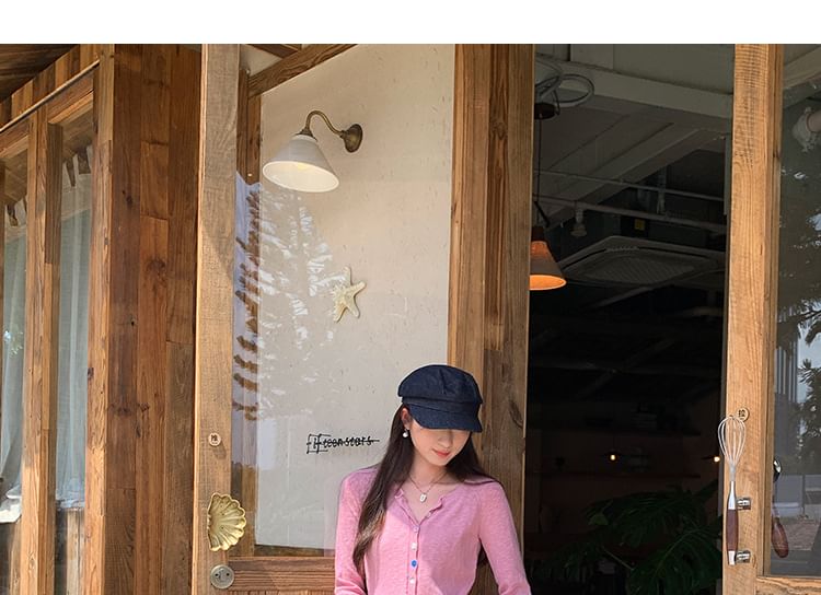 Crew Neck Button-Up Plain Sheer Crop Cardigan