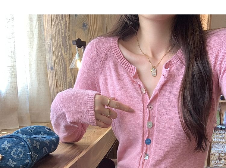 Crew Neck Button-Up Plain Sheer Crop Cardigan