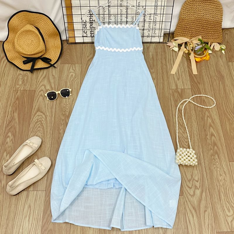 Spaghetti Strap Two Tone Panel Maxi A-Line Dress