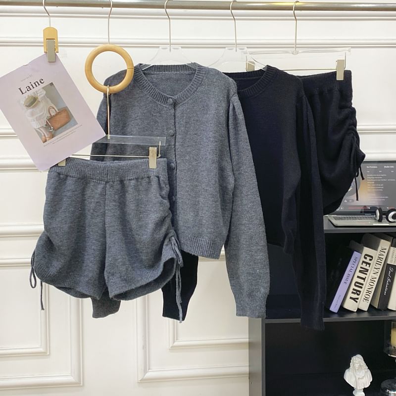 Set: Round Neck Plain Cardigan + High Waist Drawstring Knit Shorts