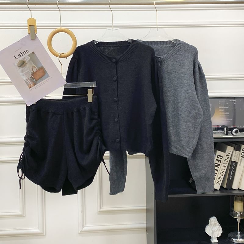 Set: Round Neck Plain Cardigan + High Waist Drawstring Knit Shorts