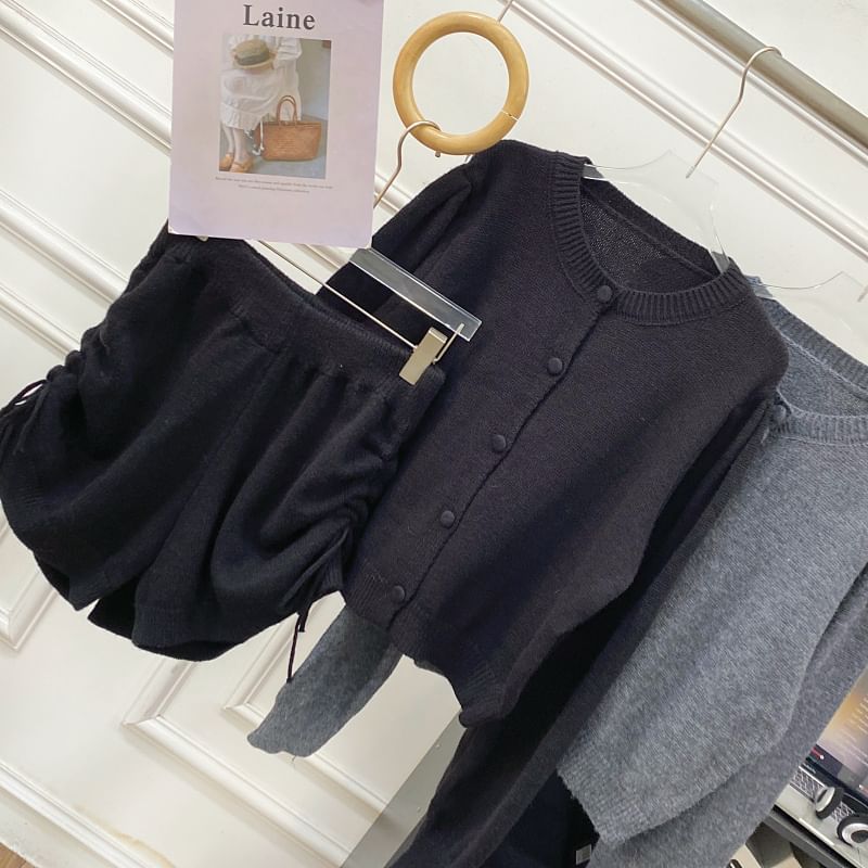Set: Round Neck Plain Cardigan + High Waist Drawstring Knit Shorts