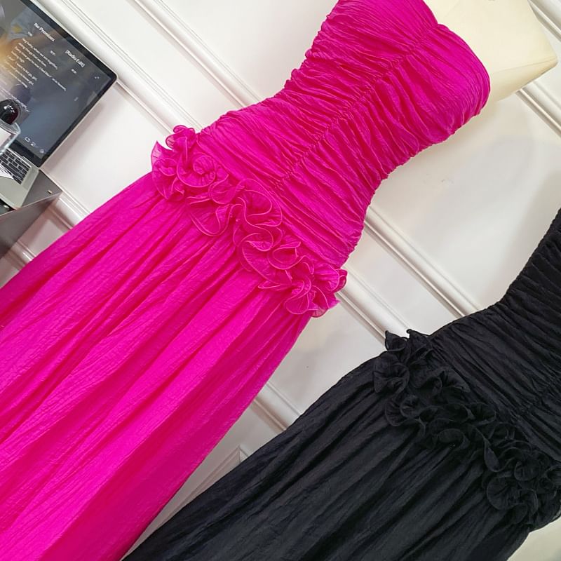 Plain Ruched Ruffle Maxi A-Line Tube Dress