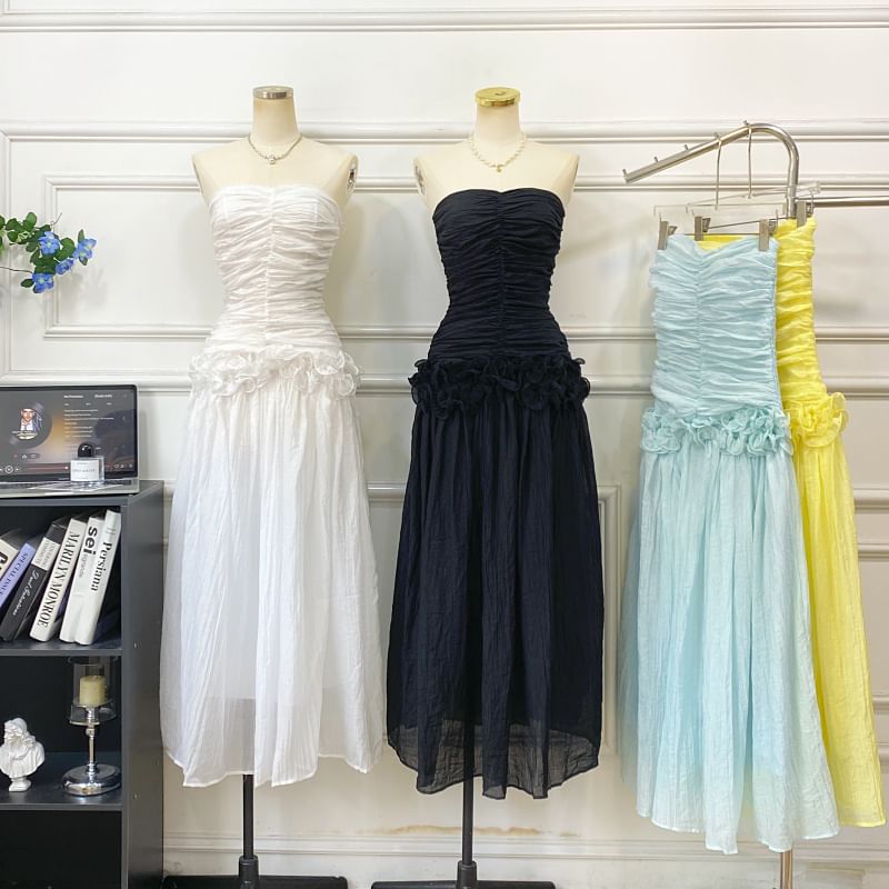 Plain Ruched Ruffle Maxi A-Line Tube Dress