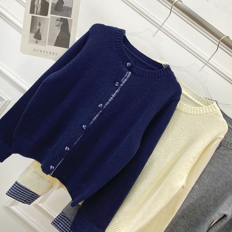 Set: Round Neck Plaid Panel Cardigan + Drawstring Waist Plain Pleated Knit Mini A-Line Skirt