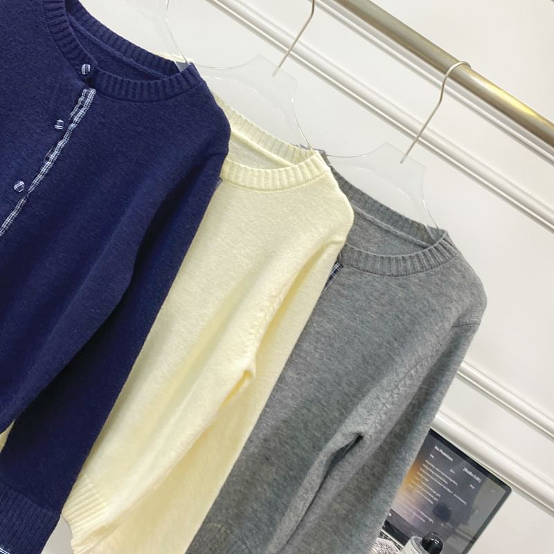 Set: Round Neck Plaid Panel Cardigan + Drawstring Waist Plain Pleated Knit Mini A-Line Skirt