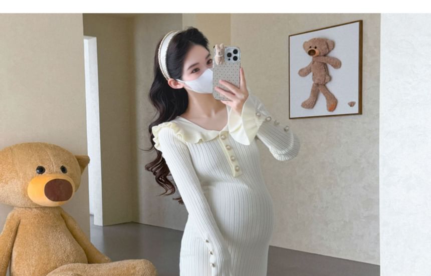Maternity Long Sleeve Collared Plain Ruffle Faux Pearl Button Ribbed Knit Maxi Mermaid Dress