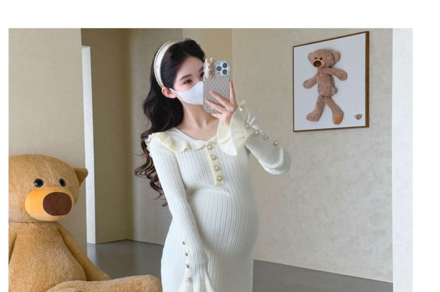 Maternity Long Sleeve Collared Plain Ruffle Faux Pearl Button Ribbed Knit Maxi Mermaid Dress