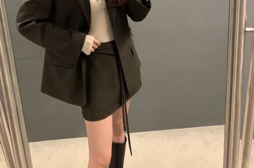 Notch Lapel Belted Blazer with High Waist Mini Pencil Skirt