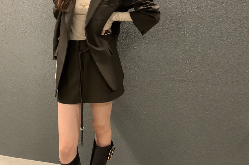 Notch Lapel Belted Blazer with High Waist Mini Pencil Skirt