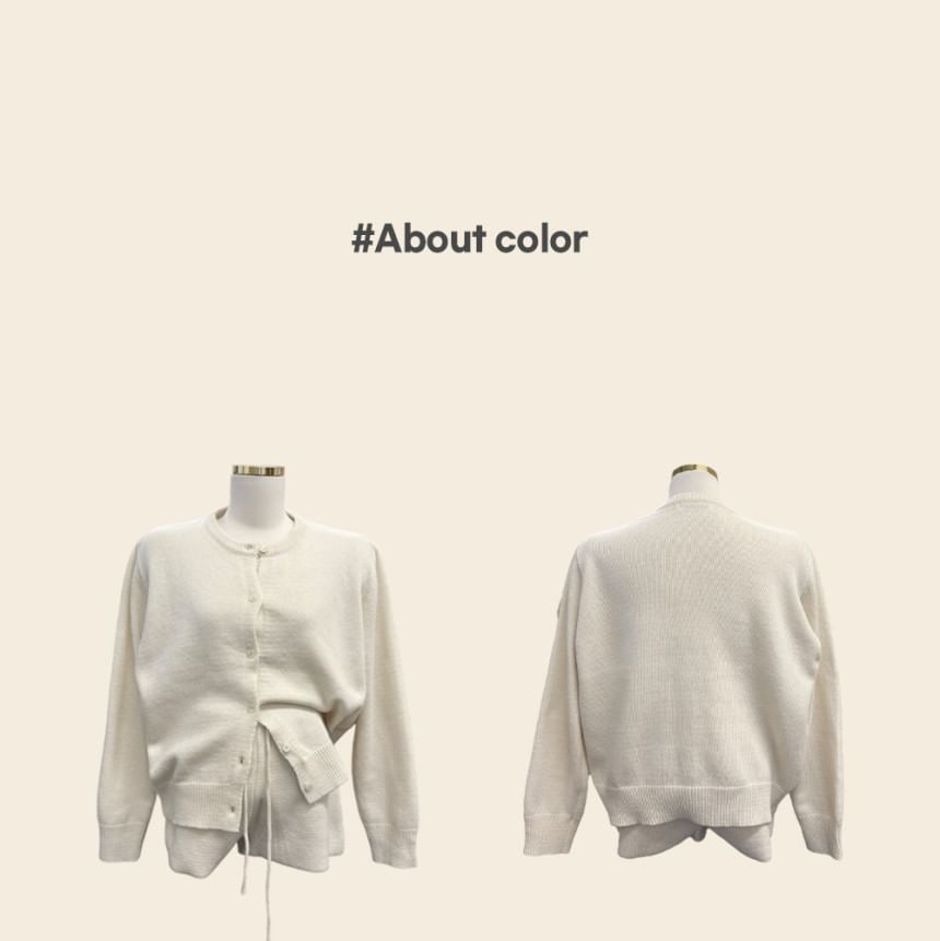 Set: Crew Neck Button-Up Plain Cardigan + Drawstring Waist Hot Pants