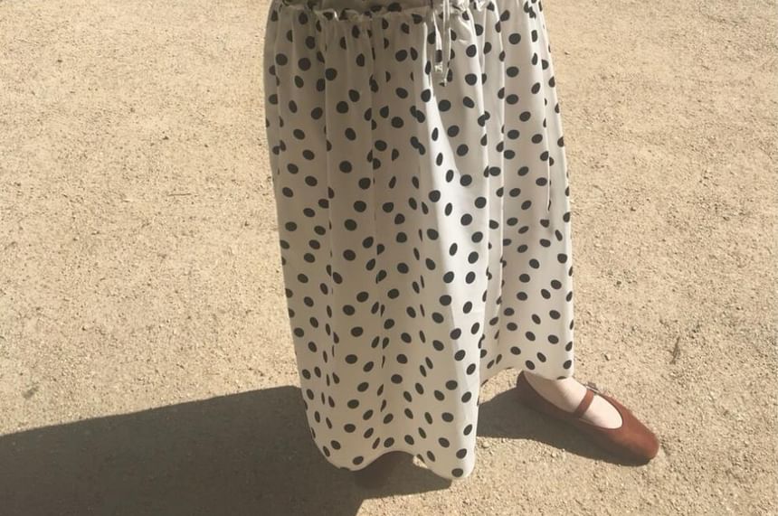 Dotted Frill Midi A-Line Skirt with Elastic Waist