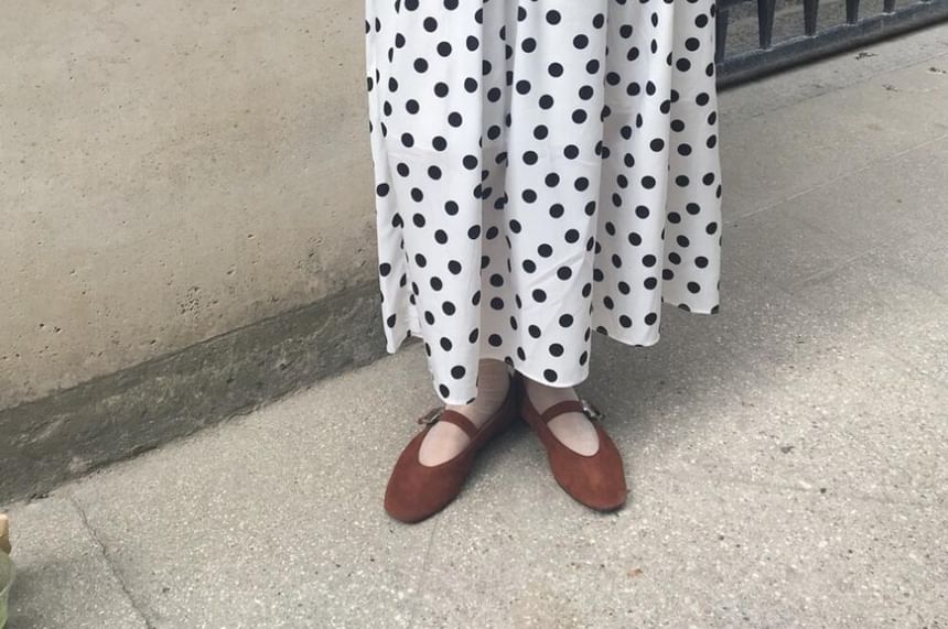 Dotted Frill Midi A-Line Skirt with Elastic Waist