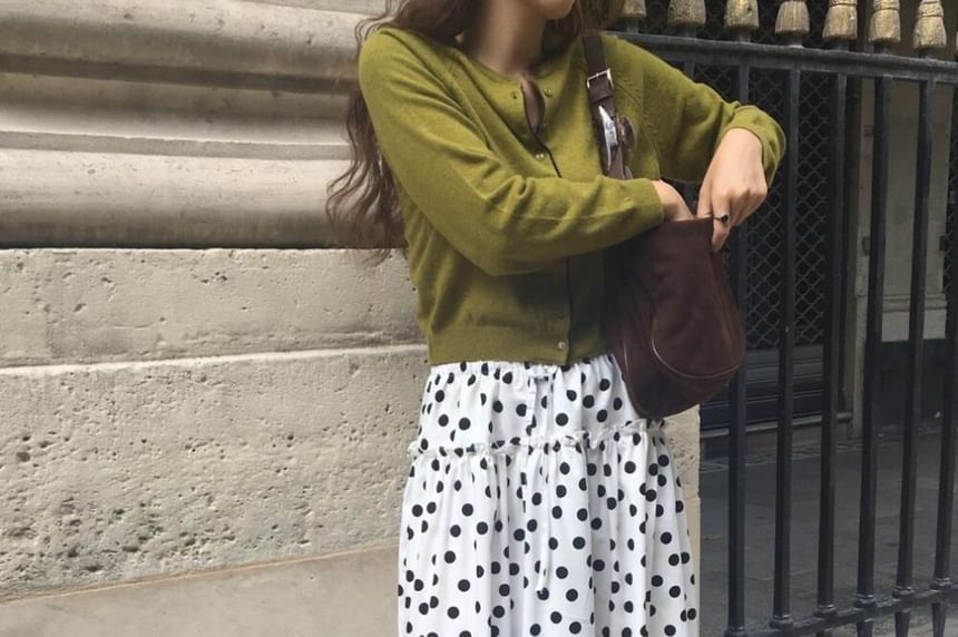 Dotted Frill Midi A-Line Skirt with Elastic Waist