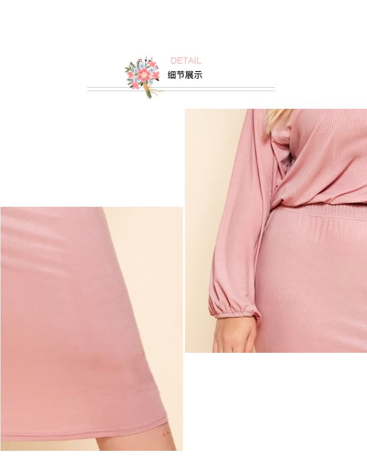 Long-Sleeve Crewneck Blouse and High Waist Midi Skirt Set