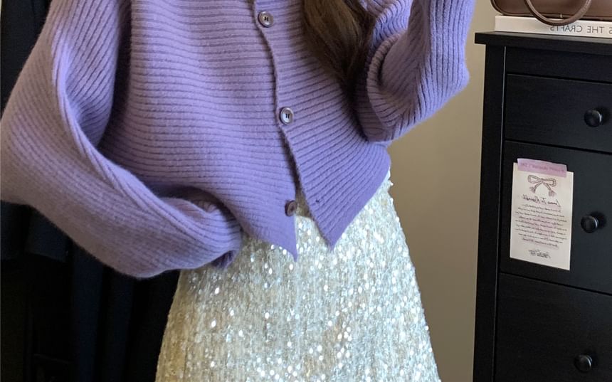 Crew Neck Button-Up Plain Crop Cardigan