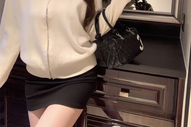 Stand Collar Contrast Trim Zip-Up Cardigan