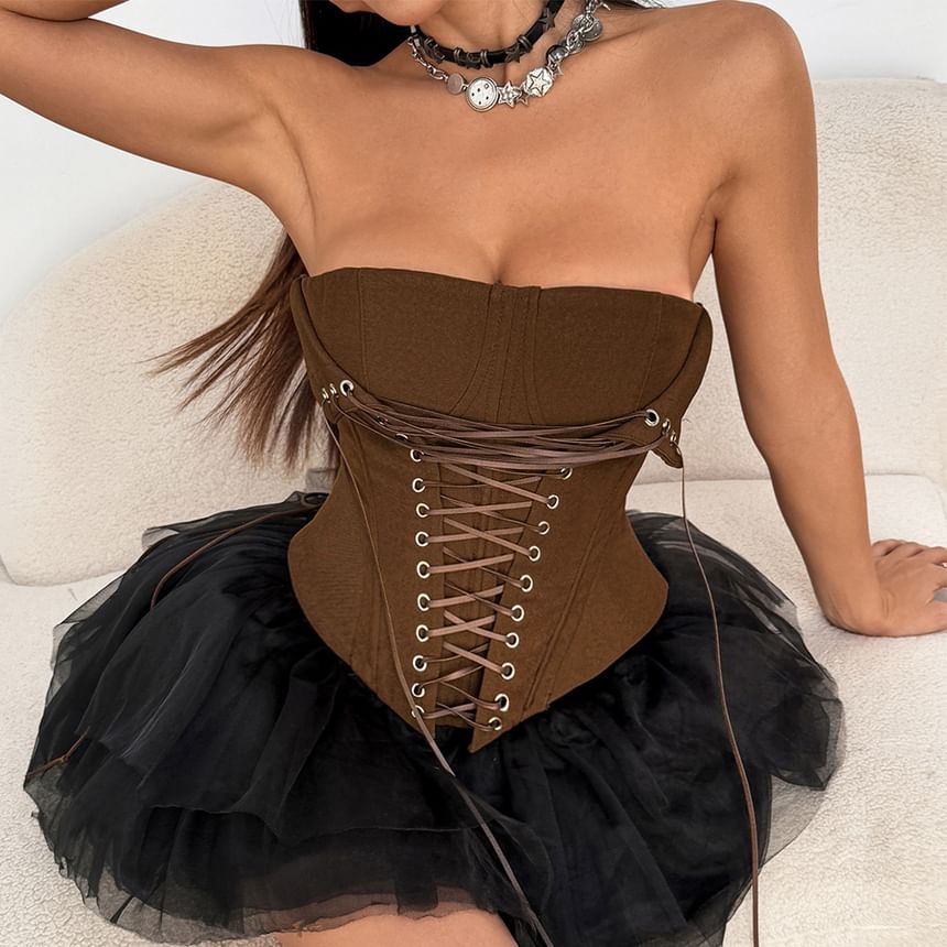 Lace-Up Corset Tube Top with Solid Design