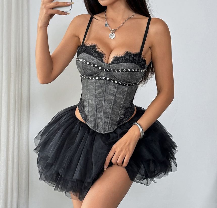 Lace-Trimmed Crop Corset Top with Grommet Details