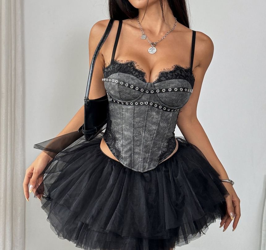 Lace-Trimmed Crop Corset Top with Grommet Details