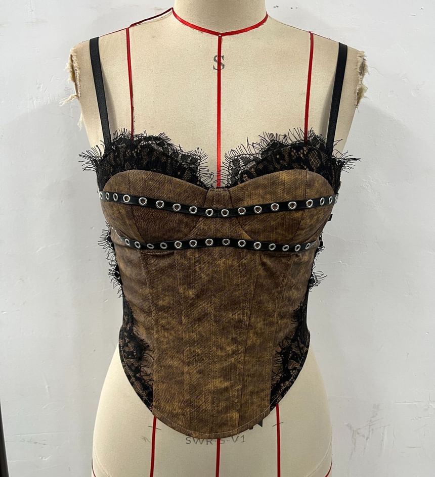 Lace-Trimmed Crop Corset Top with Grommet Details