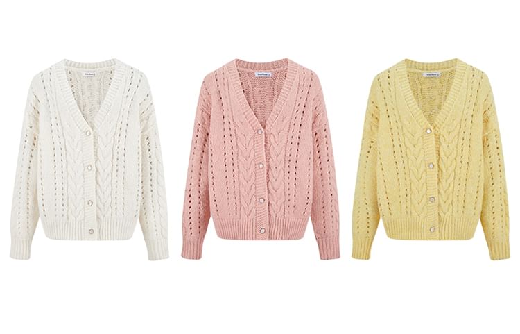 V-Neck Plain Cable Knit Cardigan