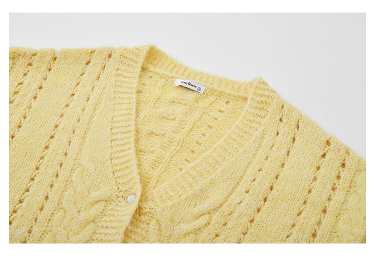 V-Neck Plain Cable Knit Cardigan