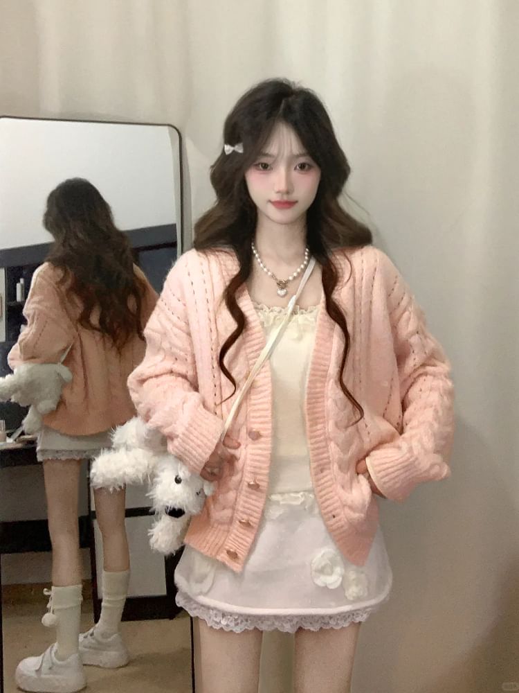V-Neck Plain Cable Knit Cardigan