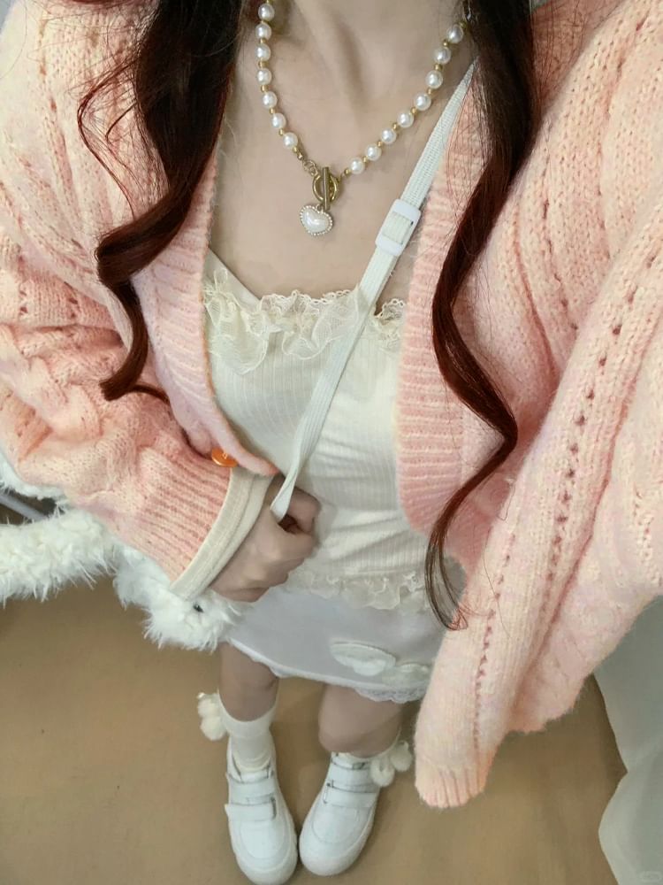V-Neck Plain Cable Knit Cardigan