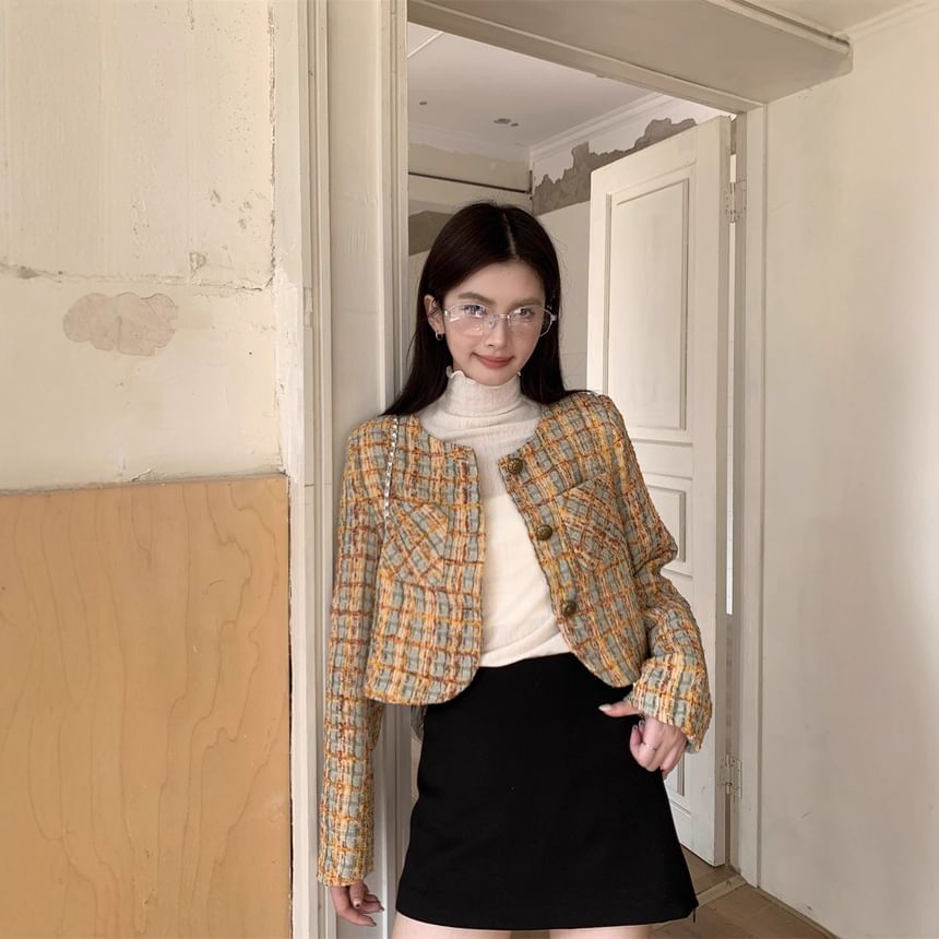 Crew Neck Plaid Button-Up Tweed Crop Jacket