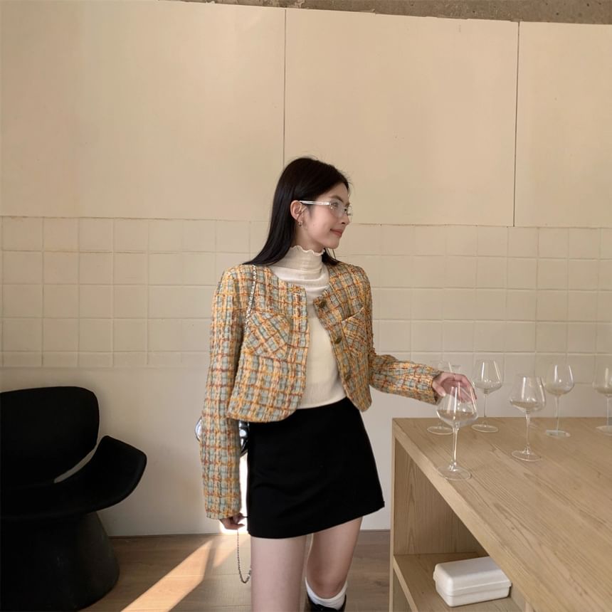 Crew Neck Plaid Button-Up Tweed Crop Jacket