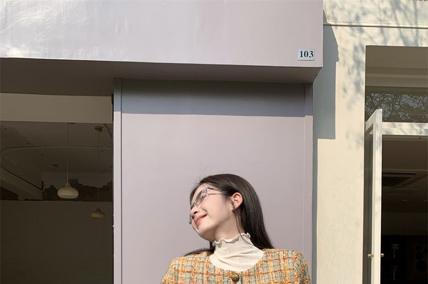 Crew Neck Plaid Button-Up Tweed Crop Jacket