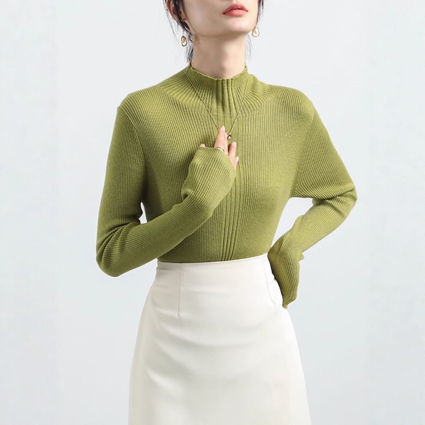 Long Sleeve Mock Neck Plain Ribbed Knit Shirt