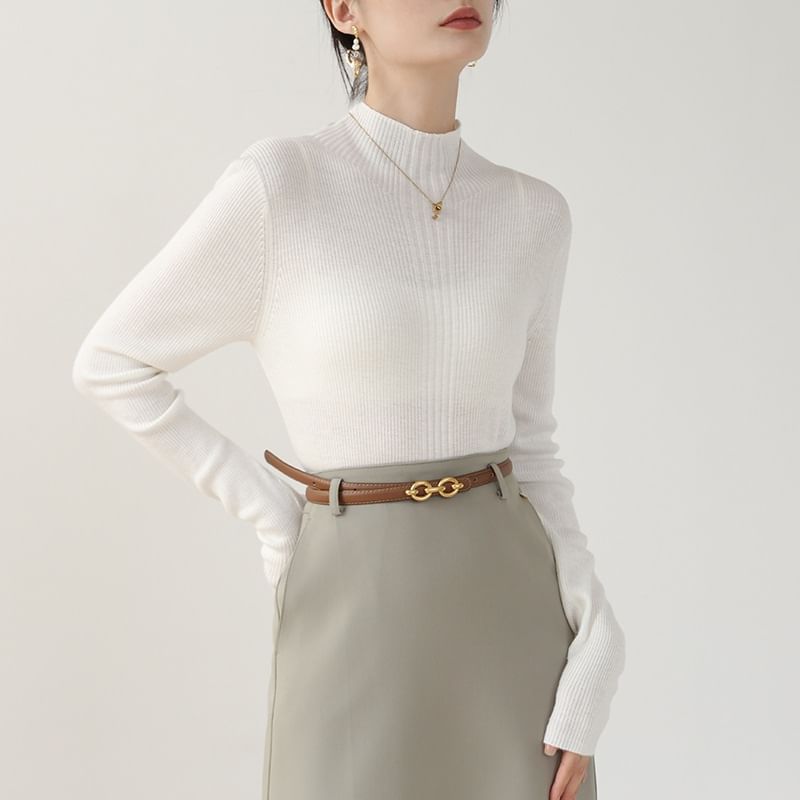 Long Sleeve Mock Neck Plain Ribbed Knit Shirt